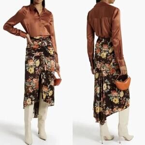 Veronica Beard Pixie Floral Ruched Silk Midi Skirt US 6 Brown Asymmetric Glam